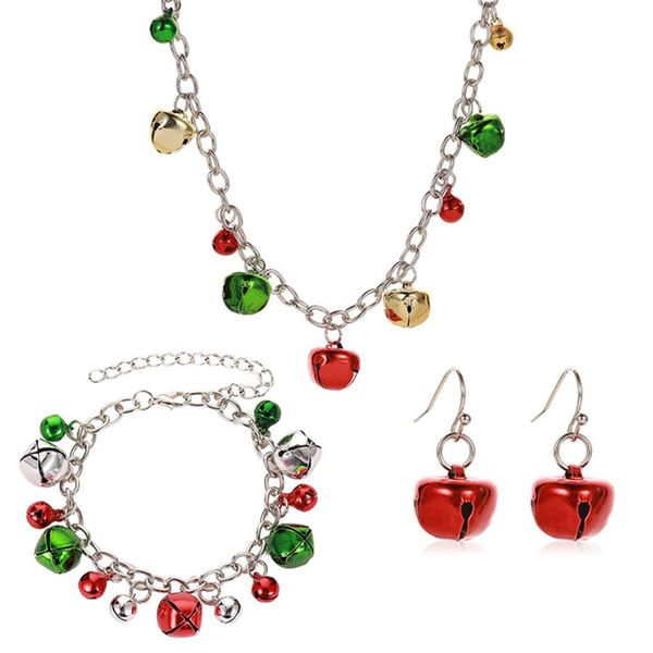 

3pcs christmas jewelry sets colorful jingle bells necklace bracelet earrings jewelry set men women personality decoration gifts, Silver