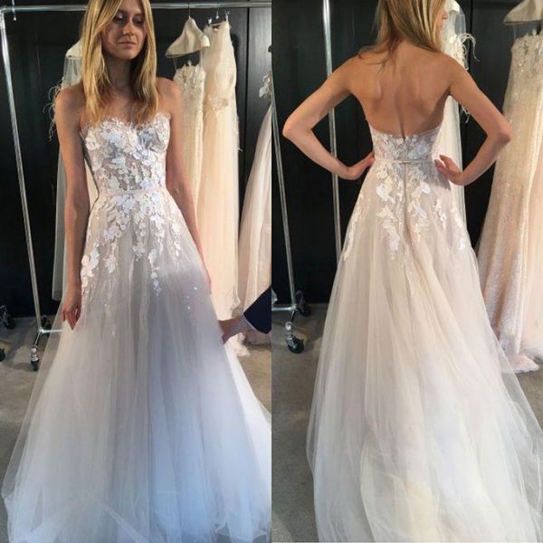 

see through tulle beach wedding dress strapless sweetheart neck backless bridal gown with appliques lace sequins, White