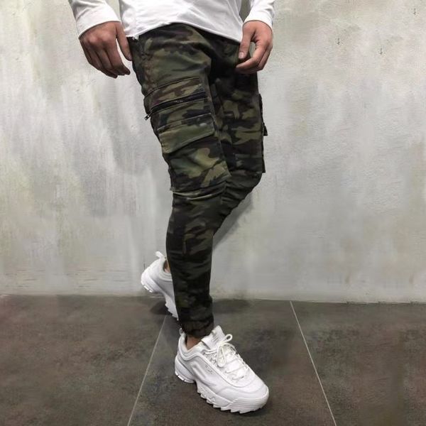 

2019 men's pants army green camouflage slim long pants patchwork casual jeans men modis streetwear, Blue