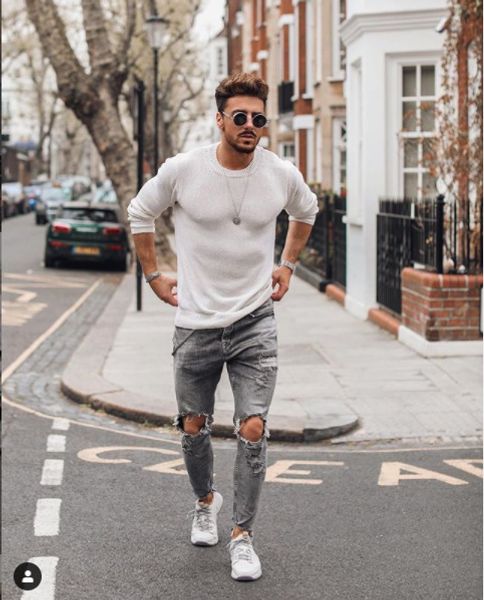 

men new style jeans men knee ripped pants gray skinny jeans, Blue