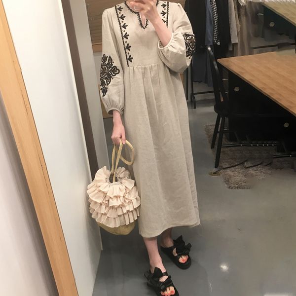 

korean style women long dress spring new 2020 embroidery ladies dress high waist cotton women clothing v863, Black;gray