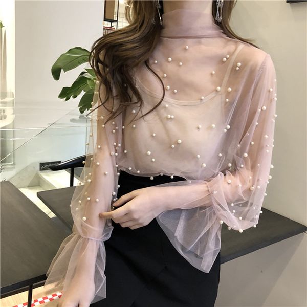 

2 two pieces vintage tie up mesh beads blouses women transparent o-neck blouse shirts femme 2020, White