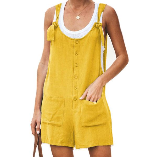

solid color cotton linen women front pockets sleeveless jumpsuit shorts romper, Black;white