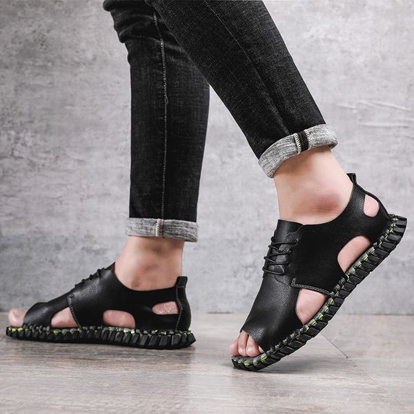 

sandals fashion men leather summer casual slip-on loafers handmade sewing male outdoor retro beach, Black