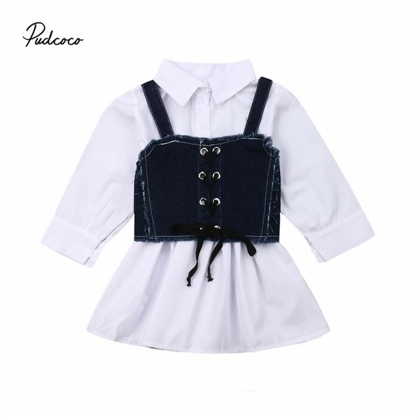 

2019 baby spring autumn clothing 1-6y fashion toddler kids baby girl shirt dress+ denim girdle vest long sleeve a-line dress set, Red;yellow