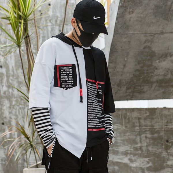 

high street letters printed irregularity stylish pullover mens hoodies hip hop 2019 autumn fitness casual hooded sweatshirts, Black
