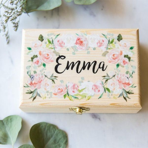 

custom flower girl gift box jewelry box for wedding, personalized floral wooden for wedding bridal party gift name