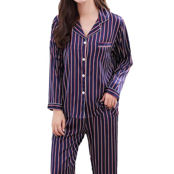 

couple pajamas women's casual spring and summer striped print long-sleeved lapel comfortable home pajamas casual ing, Blue;gray