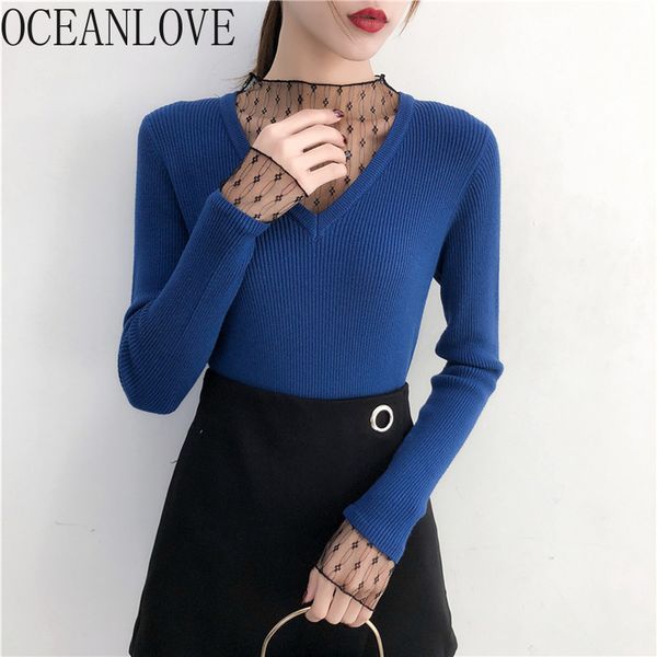 

oceanlove pullovers lace patchwork auutmn elegant basic sueter mujer new fashion sweater women all match slim clothes 12812, White;black