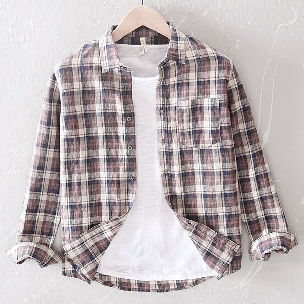 

2020 men's long sleeve plaid shirts with pocket coffee blue linen casual shirts men breathable summer shirt male, White;black