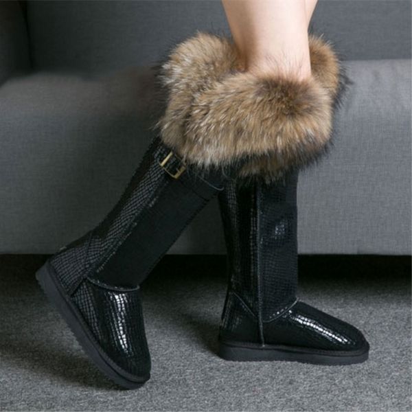 

gzaco luxury натуральная кожа snow boots winter natural fox fur коленных высокие сапоги водонепроницаемый плоский длинные сапоги шерсти енот, Black
