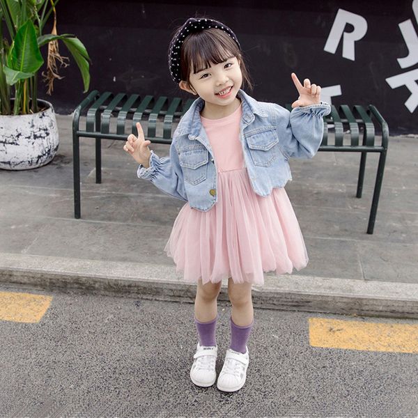 

auutmn baby girl dress set long sleeve dress for girl & swan print denim jacket coat clothes for girls costume roupa infantil, Red;yellow
