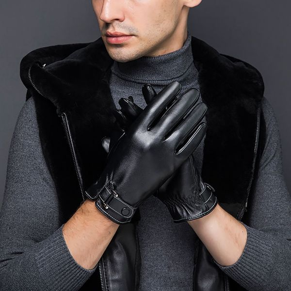 

winter pu leather motorcycle full finger touch screen windproof warm gloves velvet lining driving mittens black/brown
