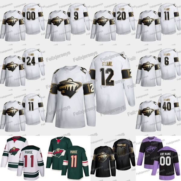 

12 eric staal 2020 golden edition minnesota wild ryan suter zach parise mats zuccarello jason zucker kevin fiala jonas brodin dubnyk jersey, Black;red