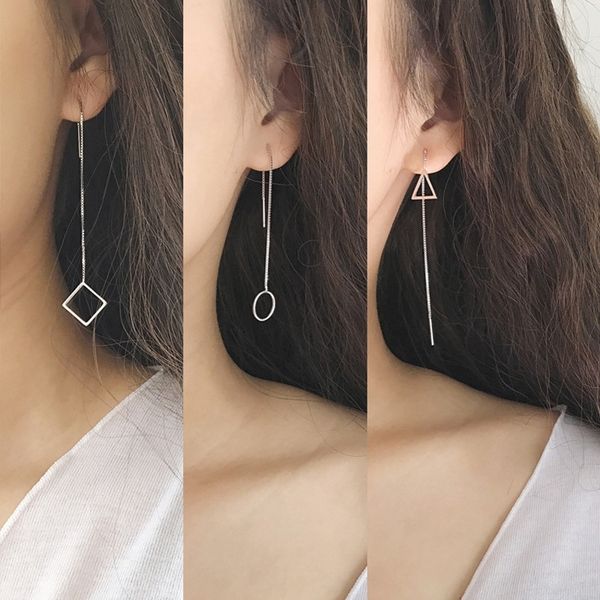 

shuangr korean simple style geometric long tassel ear line drop dangle earrings triangular round square simple series brincos, Silver