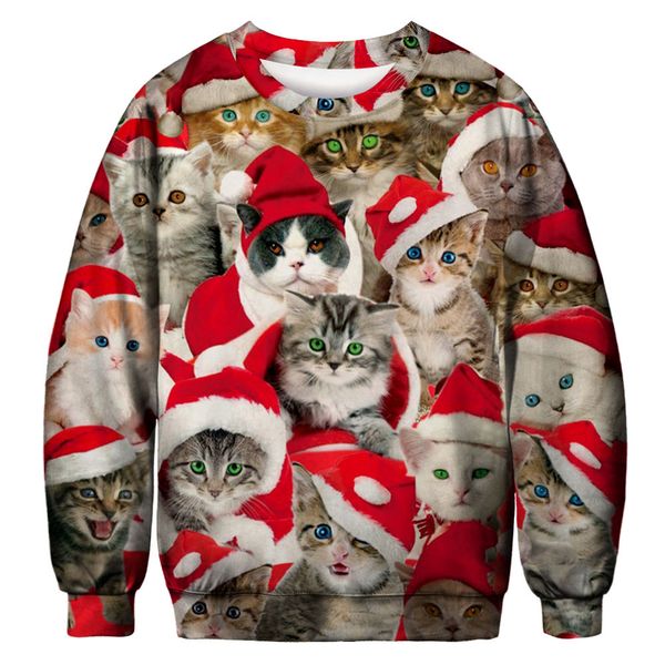 

clothing men's autumn and winter selling christmas 3d cute cat print long-sleeved shirt sweatshirt fashion slim sweatershirt, Black