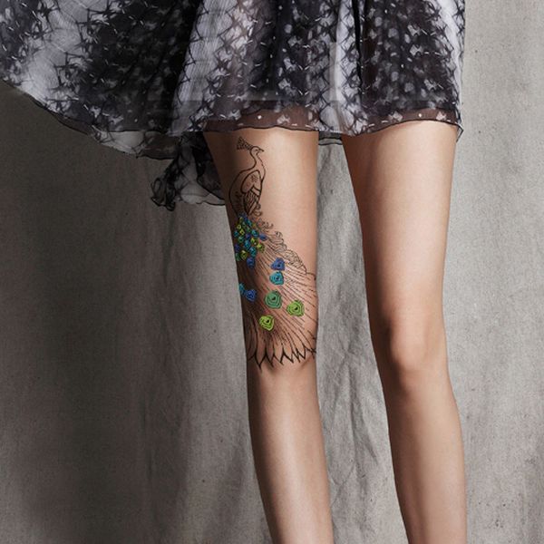 

color peacock tattoo pantyhoses wholesales and dropshipping, Black;white
