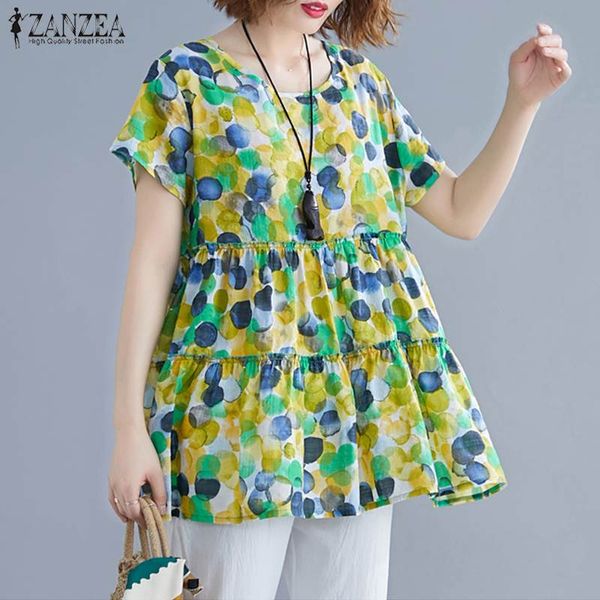 

blusas zanzea plus size women shirt 2019 summer ladies print tunic vintage blusa feminina short sleeve camisas mujer, White