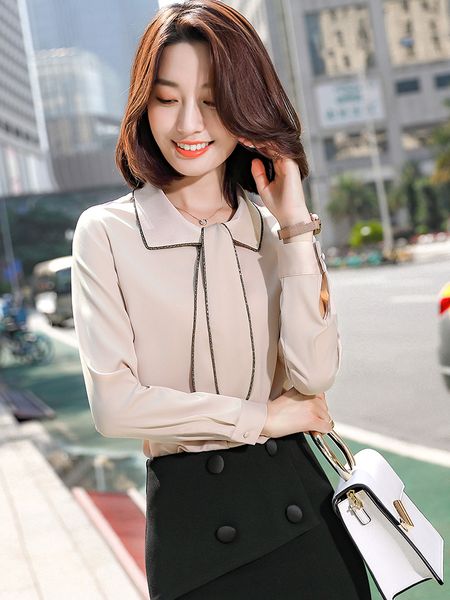 

white chiffon tie shirt women's spring and autumn long sleeve new design sense small foreign style streamer shirt