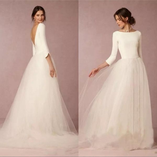 

a line modest wedding dresses backless bridal gowns with long sleeves simple designer tulle skirt sweep train, White