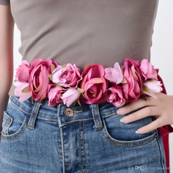 

new fashion women girls waist belts long ribbon chain flower belt girls wedding bridal waistband for party dress accessories, Black;brown