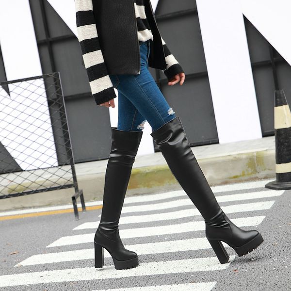 

ldhzxc 2018 new fashion winter boots high heel boots stretch thigh high square heel over knee large, Black