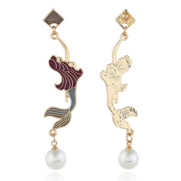 

wholesale-ear decoration alloy glazed mermaid pearl long earrings ear nails, Golden