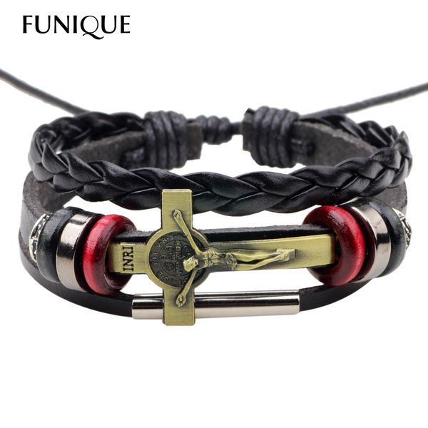 

funique vintage lace-up leather bracelet christ bible cross jesus charm bracelet & bangles for men women weaving jewelry, Golden;silver