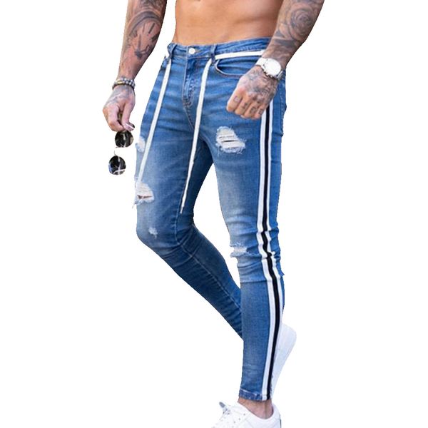 

Januarysnow Trendy Men Skinny Jeans Biker Destroyed Frayed Fit Denim Ripped Denim Pants Side Stripe Pencil Pants Hip Hop Streetwear