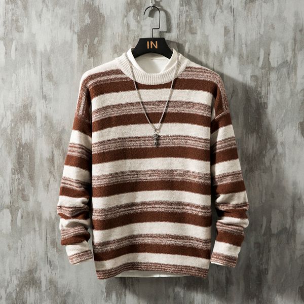 

winter thick sweater men's warm slim fashion o-neck knit pullover men wild casual striped sweaters male clothes large size, White;black