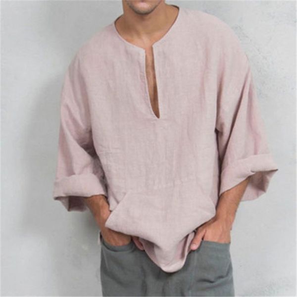 

2019 new men solid soft linen casual shirts summer fashion long sleeve v neck shirts man male loose shirt tees clothes -3xl, White;black