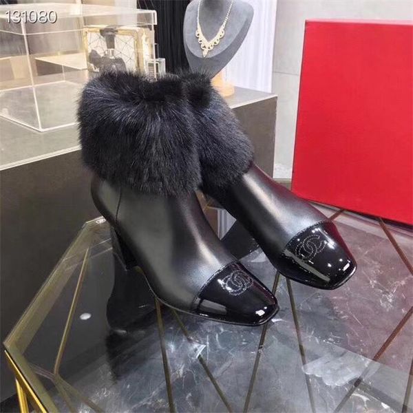 

autumn and winter new rabbit fur frosted leather womenss boots fashion high-heeled plus velvet thick middle boots womenss wild boots 01, Black