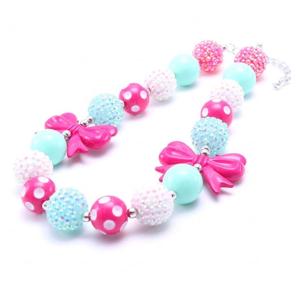 Mint + Hot Pink Kid Chunky Bubblegum Colar Moda Bow Girl Crianças Chunky Bead Colar Jóias Melhor Presente Para O Kid