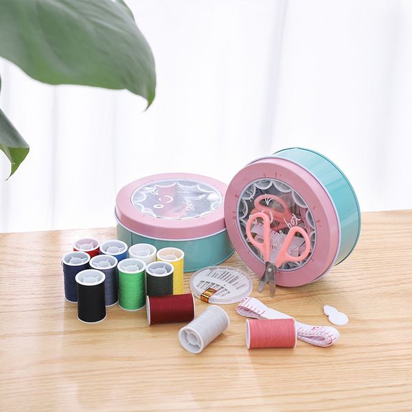 

mini portable sewing box with color needle threads pin scissor travel sewing kits metal box craft kits home organizer, Black