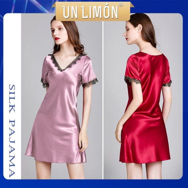 

unlimon women nightdress silk short-sleeved lace nightgown, Black;red