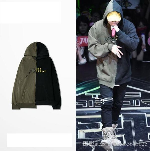

stitching irregular hooded sweater kanye clothes hip hop hoodies men black military green splicing sweatshirt clothing streetwear hood, Black;brown