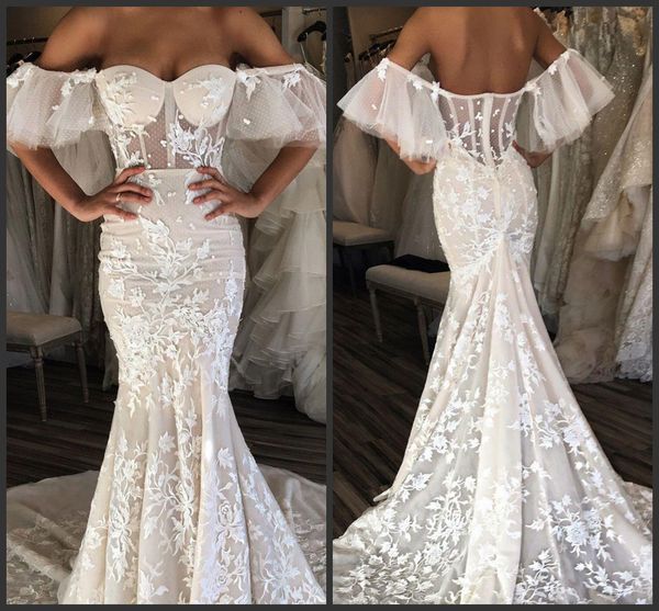 

2019 новый сексуальный берта с плеча русалка свадебные платья аппликации развертки поезд backless кружева свадебное свадебное платье с кость, White