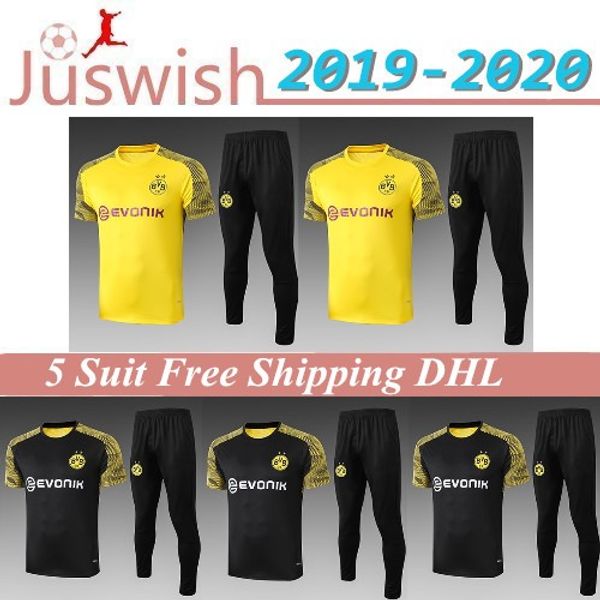 

19 20 new borussia dortmund yellow soccer tracksuits 2019 2020 bvb reus short sleeve soccer sets sancho paco leisure training suit s-xxl, Black;red