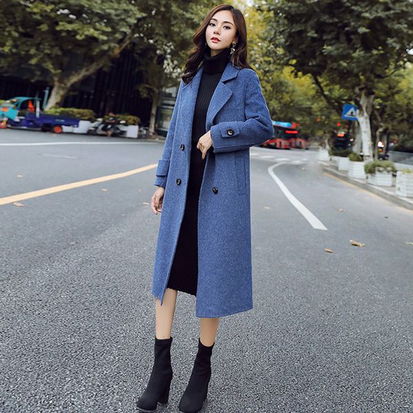 

2019 women autumn winter coat women slim wool blend coat long trench outwear wool -85, Black
