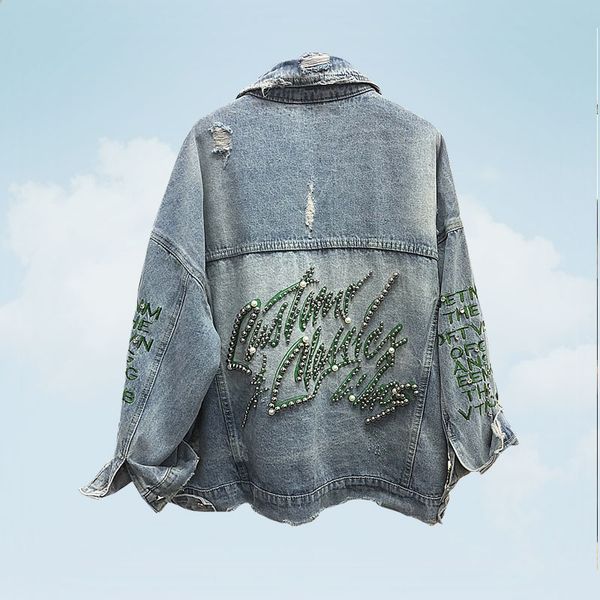 

2019 spring autumn jean jacket female heavy industry beads embroidery denim coats outwear women loose hole cowboy coat mujer 360, Black;brown