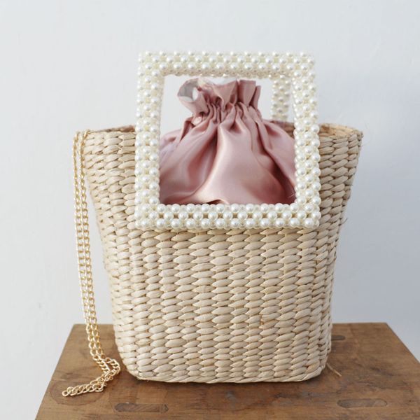 

pearl fashion straw bag hand-woven shoulder bag portable women's seaside vacation casual handbag large tote messenger