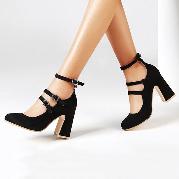 

fashion new women pumps high heels buckle women shoes summer sandals block heels female plus size 42, Black
