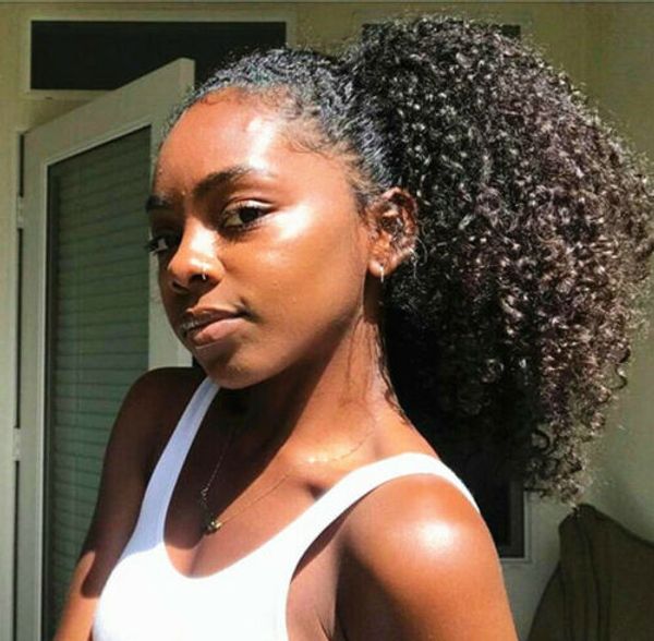 

150g brazilian kinky curly human virgin ponytail hair extensions clip in afro hair drawstring ponytails african american ponytail, Black