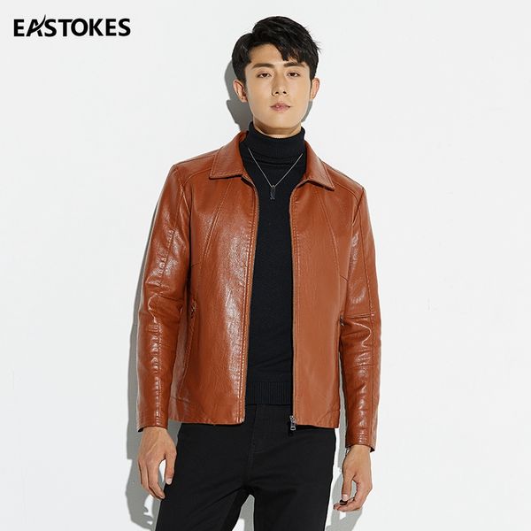 

eastokes men faux leather jacket men's lapel coat spring slim pu jacket male biker coats outerwear warm coat, Black