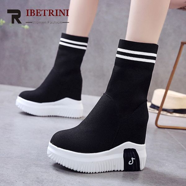 

ribetrini new ladies height increasing sock shoes woman fashion sneakers slip on ankle boots casual spring autumn boots women, Black