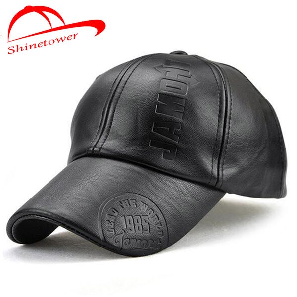 

shinetower] men's baseball cap winter leather hat caps cansual snapback hats trucker hat, Black;white