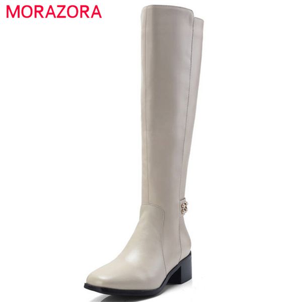 

morazora 2020 genuine leather boots women square toe knee high boots zipper rivet fashion booties casual lady shoes, Black