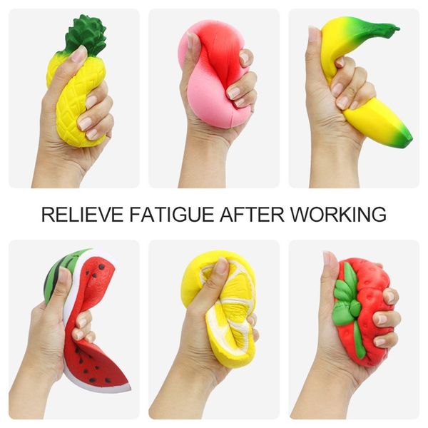

6pcs squishies slow rising strawberry peach banana lemon watermelon pineapple charms fruit squishies cream scented stress relief