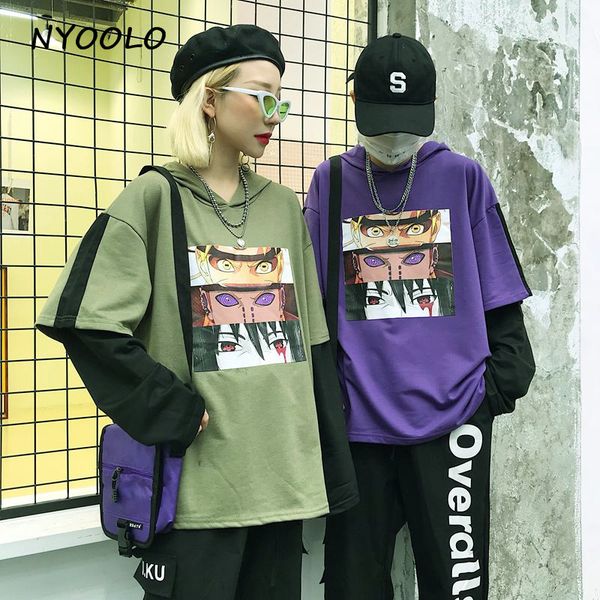

nyoolo harajuku style cartoon print hoodies patchwork fake 2 piece hooded pullovers sweatshirt women/men clothing, Black