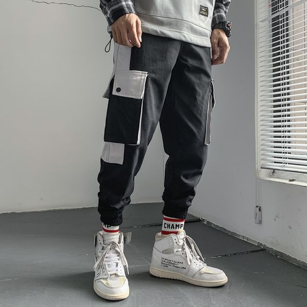 

хлопчатобумажный комбинезон мужская мода контрастность цвет повседневный multi-карманный инструментальное ветер штаны мужчины streetwear дик, Black